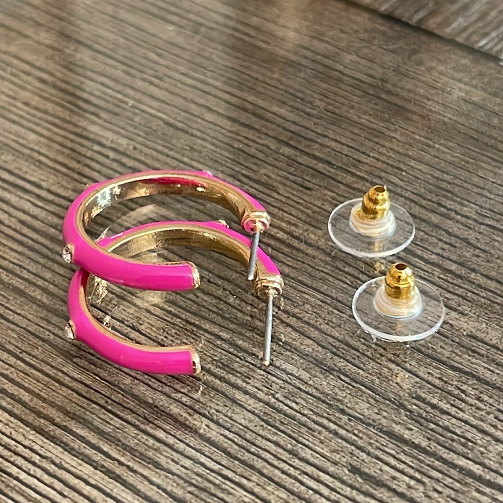 Boutique Style Hot Pink - Fuchsia Enamel Hoops with Rhinestone Accents. - Picture 7 of 16